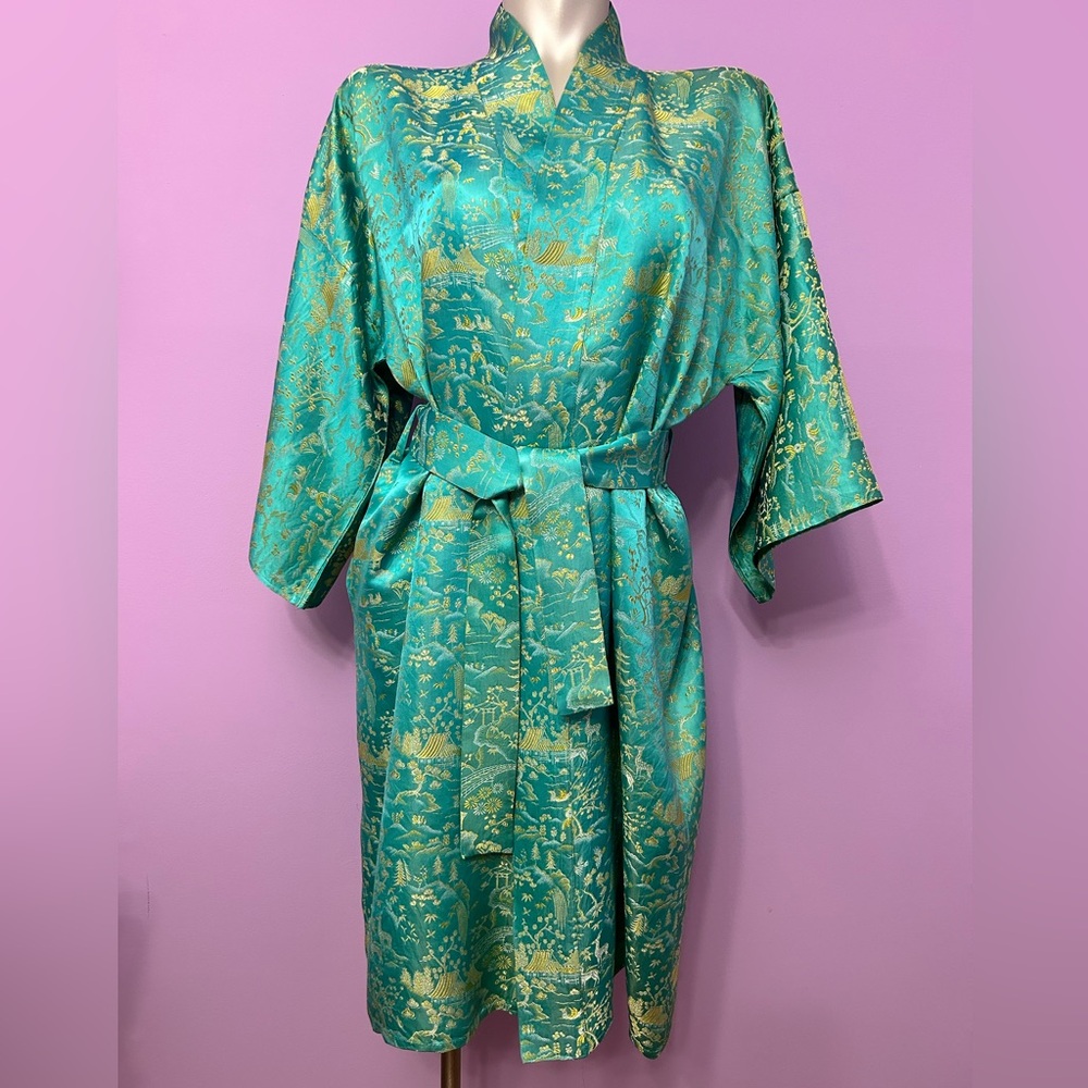 Vtg KIMONO Robe Womens One Size Floral Jacquard Wrap Duster Tie Front Blue/Green
